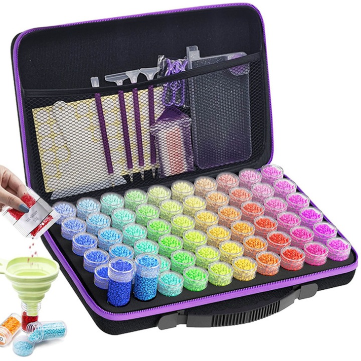 Set organizator si accesorii pentru pictura cu diamante, ZGGZERG, Organizator, Cu 60 de Recipiente, cu Maner, Portabil, Usor de folosit, Pentru fete si adulti, Fara diamante, EVA, 31 * 20 * 7 cm, Negru-Mov