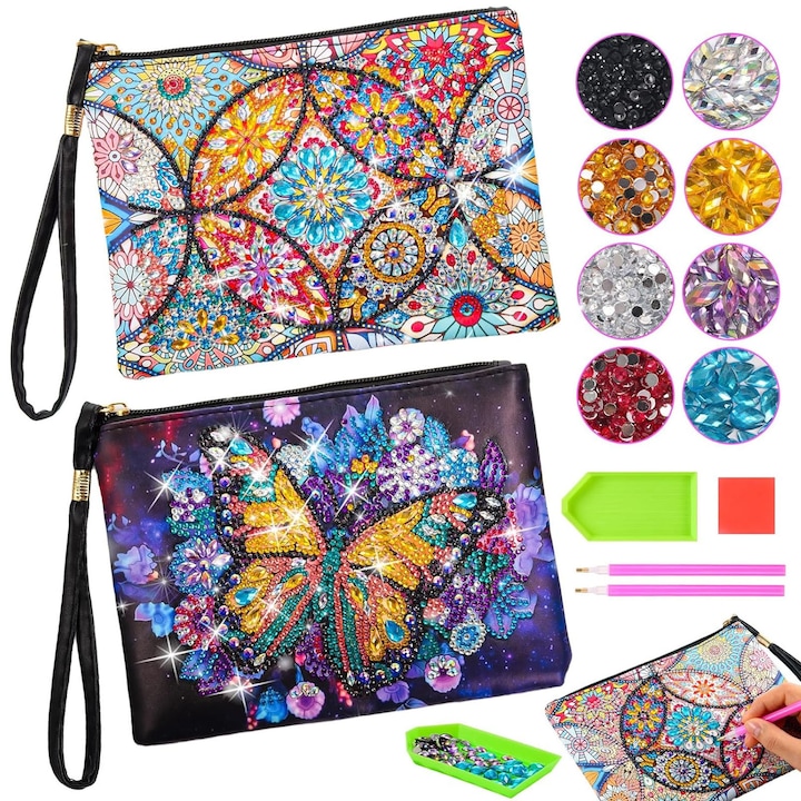 Set De Arta, ZGGZERG, Portfard cosmetic, Purses, Cu diamante, Cu accesorii, Design flori/fluturi, Antiderapant, Promovarea Dezvoltarii Intelectuale, Usor de folosit, Kit DIY pentru Incepatori, Adulti si Copii, PU, 18*21*2.8cm, Multicolor