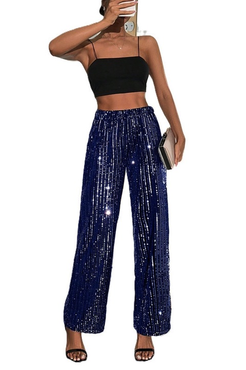 Pantaloni Dama, Brodati Cu Paiete, Talie Inalta Elastica, Croiala Dreapta, Albastru