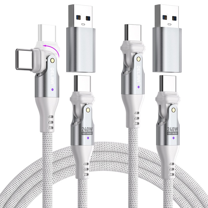 QELIRA USB-C към USB-C кабел + USB-A адаптер, 240W PD3.1, ултрабързо зареждане с LED и смарт чип, универсална съвместимост (iPhone/Samsung/Huawei), бял, комплект 2-1 м