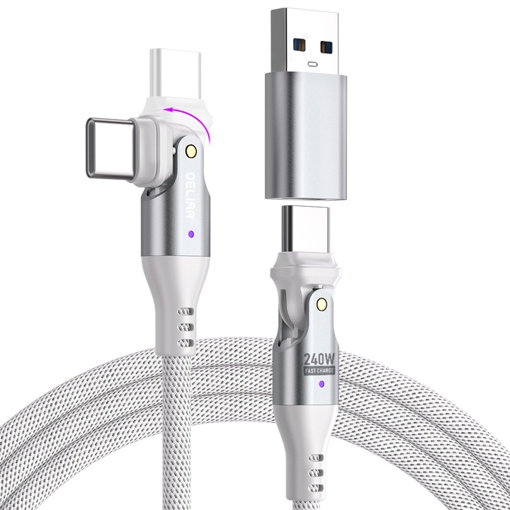 QELIRA USB-C към USB-C кабел + USB-A адаптер, 240W PD3.1, ултра-бързо зареждане с LED и смарт чип, универсална съвместимост (iPhone/Samsung/Huawei), бял, комплект1-2m