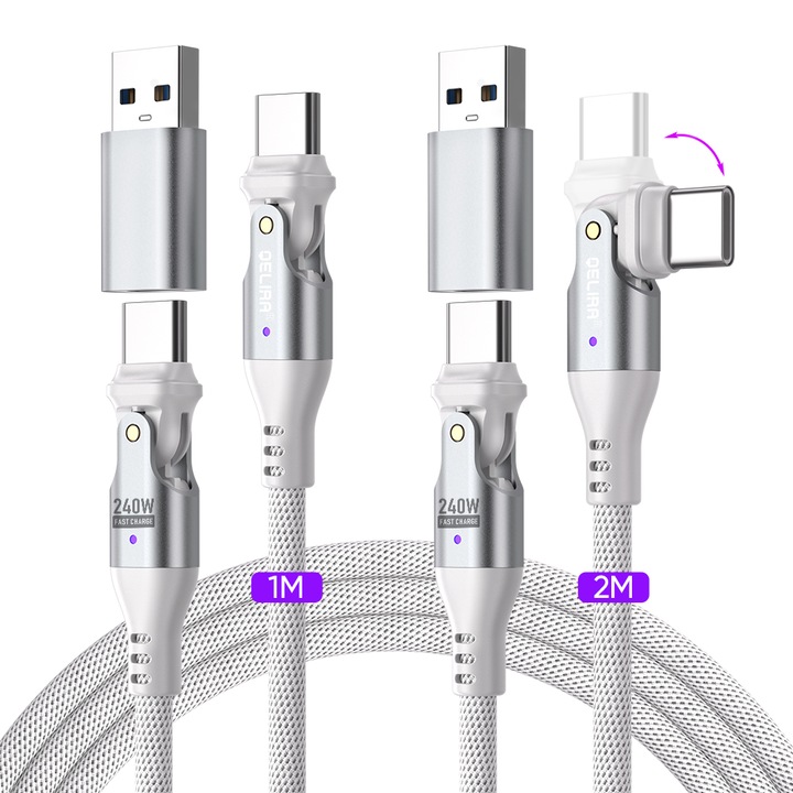 QELIRA USB-C към USB-C кабел + USB-A адаптер, 240 W PD3.1, ултра-бързо зареждане с LED и смарт чип, универсална съвместимост (iPhone/Samsung/Huawei), бял, комплект2-1m+2m
