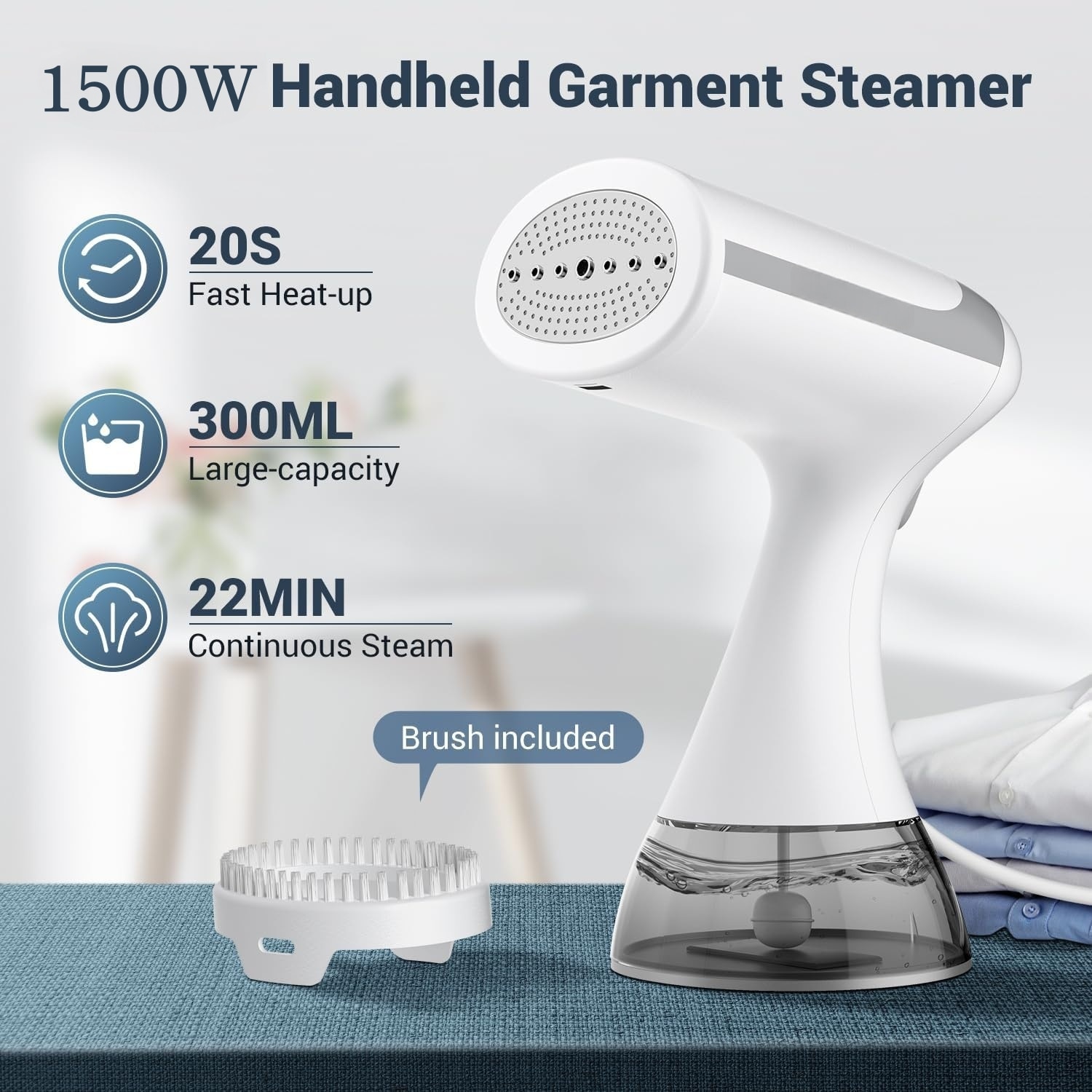 Aparat de calcat cu aburi, 1500 W, recipient apa 300 ml, incalzire rapida 9 secunde, Design etans 360°, alb