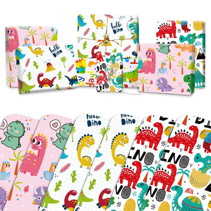 Опаковъчна хартия за подаръци с динозаври, Enforose, комплект от 6 листа, 51x75 см, за многократна употреба, екологична, 3 модела
