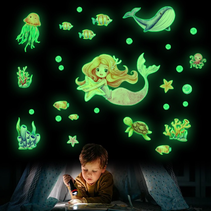 Stickere decorative subacvatice, Enforose, set 2 foi 20x29cm, reutilizabile, stralucitoare in intuneric, pentru camera copiilor