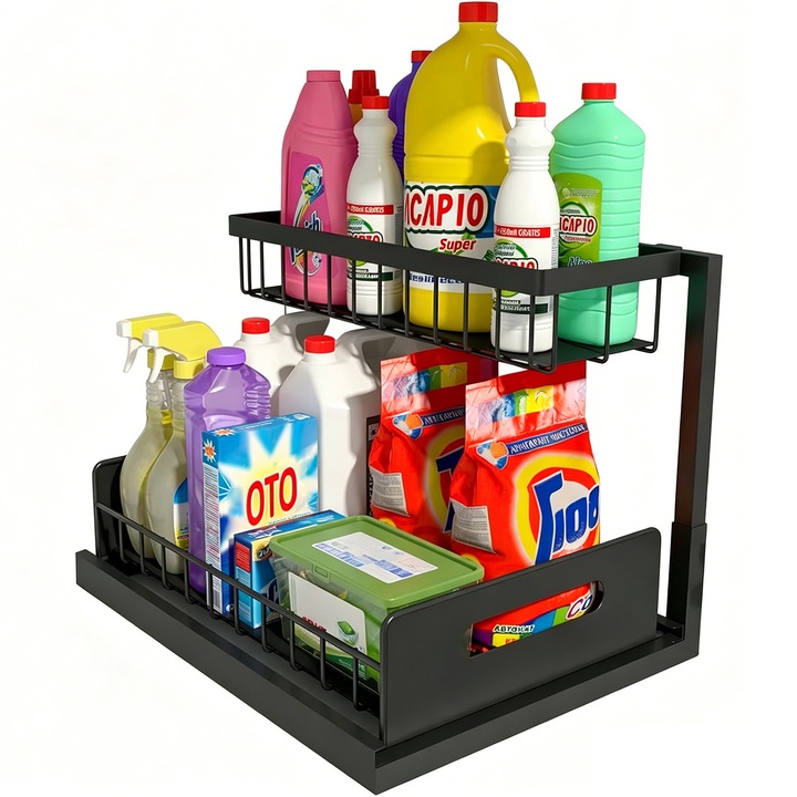 Organizator sub Chiuveta, BYONDSELF®, 2 Niveluri, Suport 22 kg, Sertar Glisant, Rafturi Metalice, 36x27x28cm, pentru Chiuveta, Bucatarie, Baie sau Camara, Negru