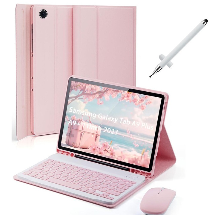 Levehető billentyűzet tok Samsung Galaxy Tab A9 Plus 11 hüvelykes telefonhoz, CAKMGER, állítható szögtartó, tartalmaz egeret és kapacitív tollat, rózsaszín