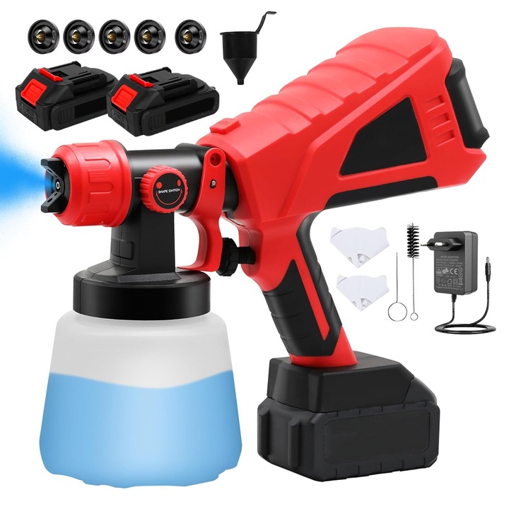 Pistol Electric Vopsea, BYONDSELF®, fara Fir, cu 2 Acumulatori, 1000ml, 8000mAh, cu Duze de 5 Duza Vopsele, 3 Moduri Pulverizare, Ochelari, pentru Industrial