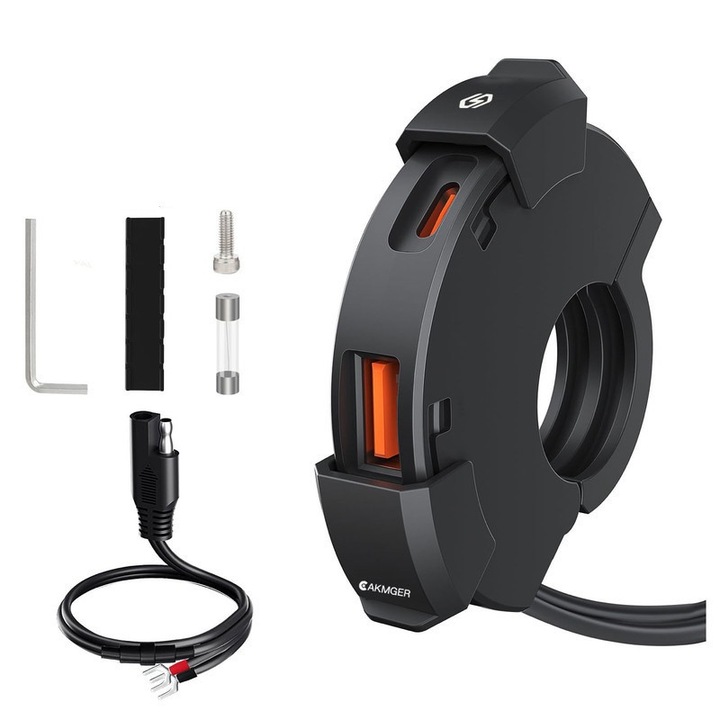 Incarcator rapid pentru motocicleta, CAKMGER, dual USB-A si USB-C, 30W + 18W, impermeabil, montare pe ghidon, compatibil cu motociclete si scutere, negru