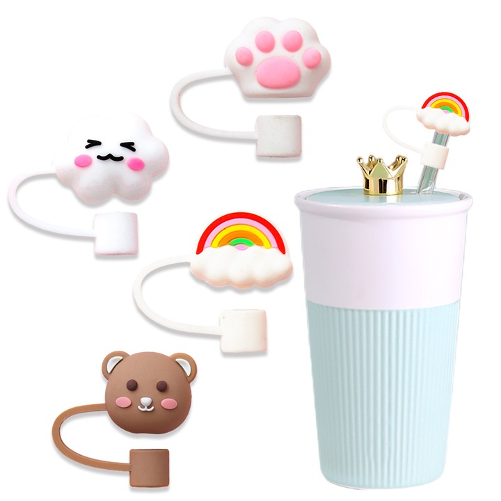 Комплект от 4 силиконови капачки със сламка, AMRINUGL, за многократна употреба, лесни за носене, прахоустойчиви, многоцветни