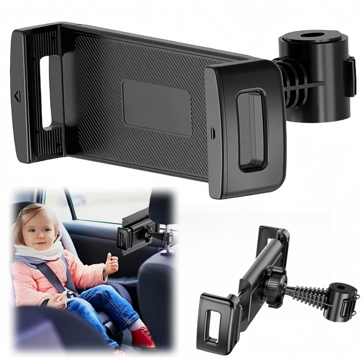 Suport Universal Auto de Tableta si Telefon, Rotire 360° Se potriveste de la 4 la 12, 9 inchi, Negru, Instalare rapida, antiderapant, blocare sigura