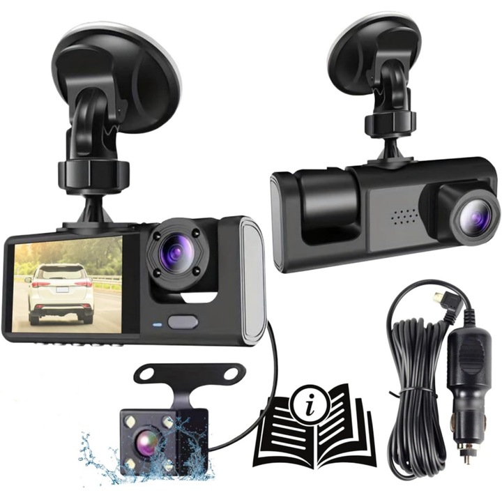 Автомобилна камера за видеонаблюдение Dash Cam, 3 канала отпред, отзад и отзад, 2-инчов 1080P екран със 170° ултраширокоъгълен обектив, WDR, нощно виждане, автоматично заключване с G-сензор, цикличен запис
