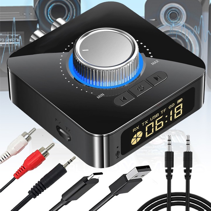 Bluetooth адаптер Audio Receiver 5 в 1, Puepoul, TX/RX предавател и приемник, въртящо се копче за сила на звука, Bluetooth 5.0, 3,5 mm AUX стерео вход, Plug and Play, с RGB светлина и цифров дисплей, за слушалки, телевизор, кола, аудио система, черен