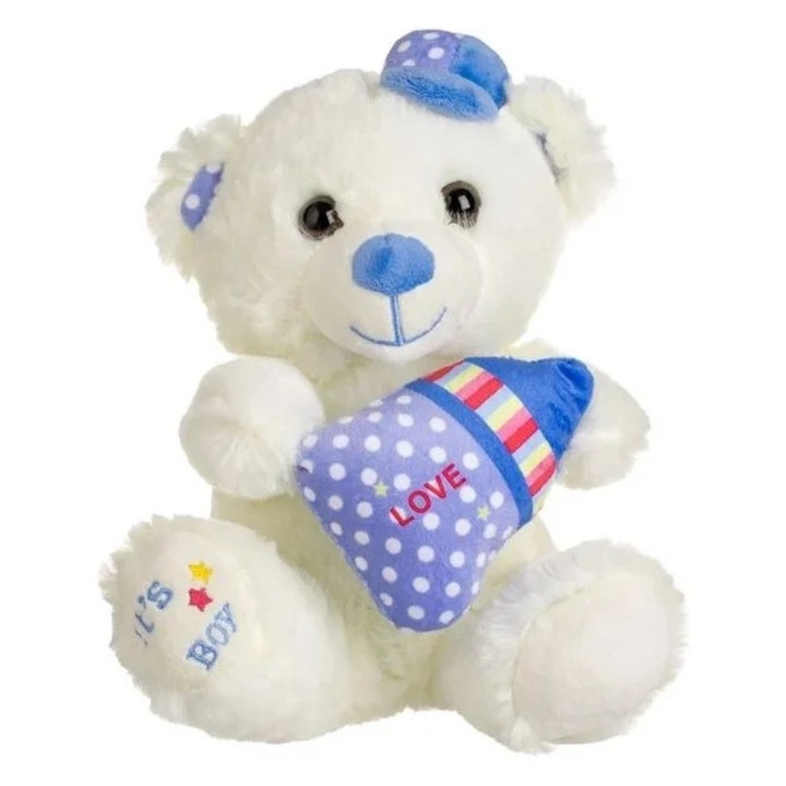 Ursulet de Plus cu Biberon Ciel „It's a Boy”,17×12×23 cm, ecru