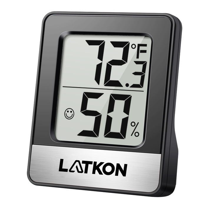 Latkon® LTK49B Цифров стаен термометър и влагомер, Индикатор за комфорт, Модерен дизайн, 10s отчитане, Висяща скоба, Силен магнит, Издръжлива скоба, Превключване °C/°F, Черен