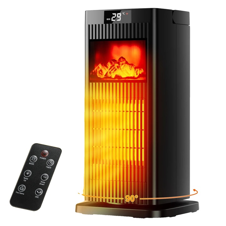 Elektromos ventilátoros fűtőtest, 1500 W, 90°-os oszcillációs funkció, 0-12 órás időzítő, 18x18x35 cm