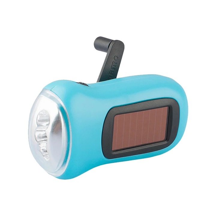 Lanterna solara YANYXR BCS2919499 cu manivela, 3 LED, acumulator 3.6V 40mAh, panou solar amorf, ABS, turcoaz, 9x5x3.5 cm