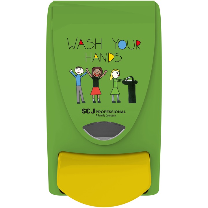 SCJP Proline nyomógombos szappanadagoló kézmosó patronokhoz Wash Your Hands grafikával óvodai és iskolai mosdókba, manuális, 1L, ABS műanyag, zöld/citromsárga