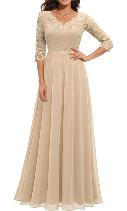 Rochie Casual Vintage pentru Femei Daisyaner, Midi, Evazata, cu Maneci, Marimea XL, Culoare Sampanie