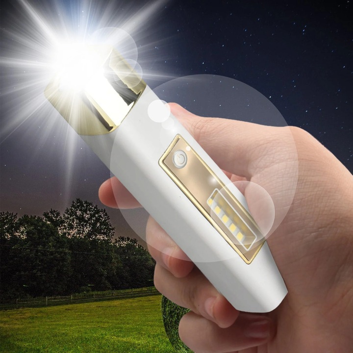Lanterna LED reincarcabila ZYBLSSBB LSM1773-BCS0303672, zoomabila, USB, acumulator 18650, 10W 800 lm, 4 moduri, IPX6, 200–500 m, alb/auriu