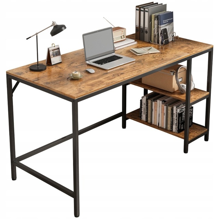Számítógépes íróasztal vintage rusztikus barna loft asztal 2 polccal 140 cm BADU