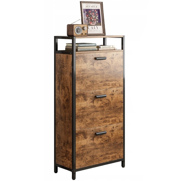 Dulap pentru pantofi Rustic Maro pentru hol Vintage Industrial 3 rafturi 60x30x130 cm BADU