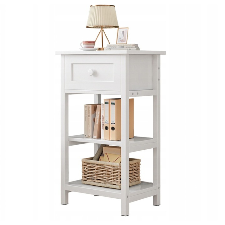 Masa de noptiera cu sertar 2 rafturi laterala din lemn modern Loft 45x30x68 cm Muvu