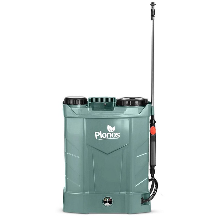 Акумулаторна пръскачка, оловно-киселинна, 12 V, 8 Ah, 4 различни дюзи, максимално налягане 5,5 бара, максимален дебит 3,1 л/мин, време за работа 9 часа, 45 x 36 x 17 см, 16 л, зелена