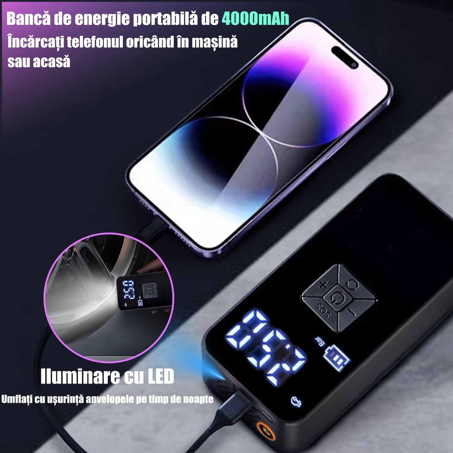 Compresor de aer portabil pentru anvelope, Minge, ABS, Setari ...
