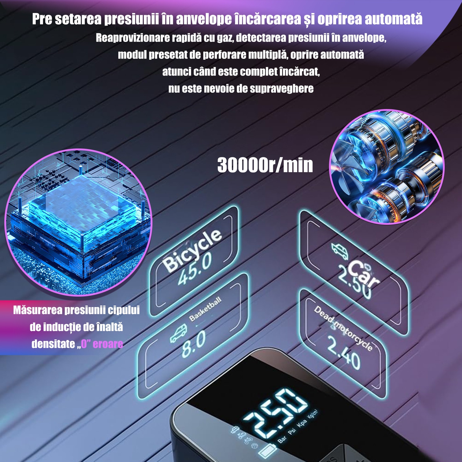 Compresor de aer portabil pentru anvelope, Minge, ABS, Setari ...