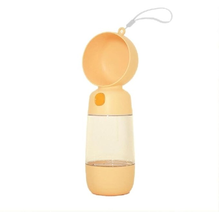 Dispenser apa pentru caini, portabil, 400ml, portocaliu, cu bol pentru apa si hrana