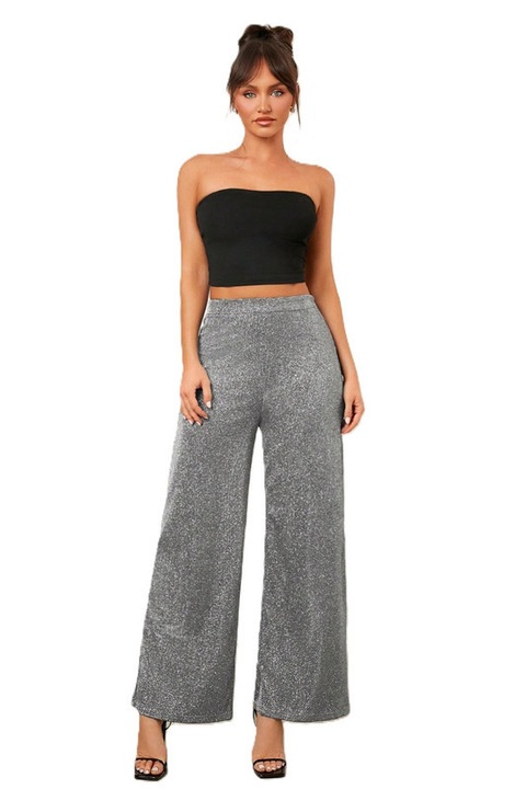 Pantaloni Dama, Sclipitori, Talie Inalta si Picior Evazat, Argintiu, Argintiu