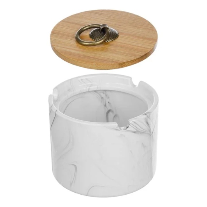 Fehér márvány hengeres kerámia hamutartó bambusz fedéllel Ø10x7cm