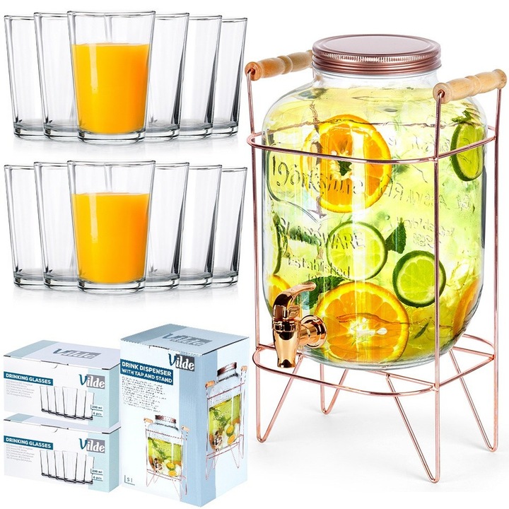 Set Borcan Cu Robinet Si 12 Pahare, Vilde, 5.5 L, Pahare De 200 ml, Sticla, Suport Metalic De Culoare Roz Aurie, Capac Cu Filet, Pahare Potrivite Pentru Spalarea In Masina De Spalat Vase, Calitate Inalta A Materialelor, Transparent
