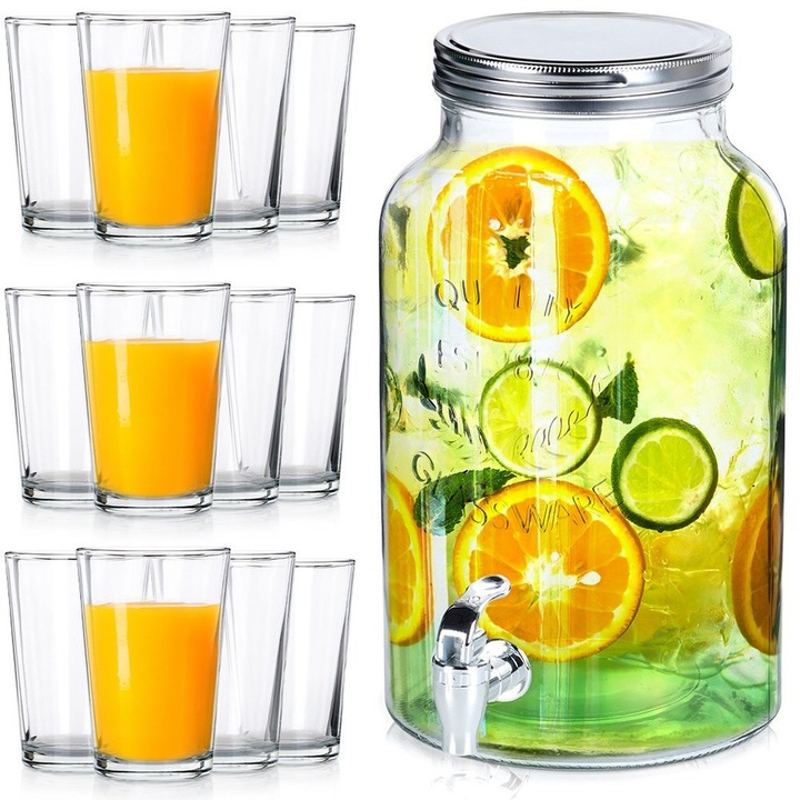 Borcan Cu Robinet, Vilde, 6.2 L, Transparent, Cu Set De 12 Pahare, Capac Metalic, Ideal Pentru Bauturi Fructate Si Inghetate, Umplere Si Curatare Usoara