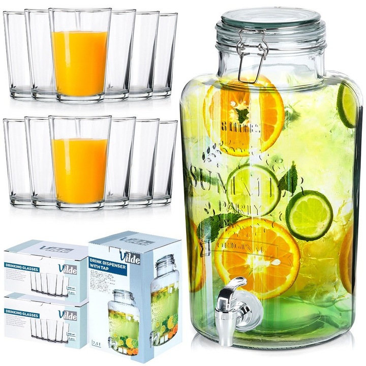Set Borcan Cu Robinet Si 12 Pahare, Vilde, Sticla, 8 L, Pahare De 200 ml, 24x19x36 cm, Decoratiuni Embosate, Deschidere Larga Pentru Umplere, Capac Inchis Cu Garnitura Din Silicon, Calitate Inalta A Materialelor, Transparent