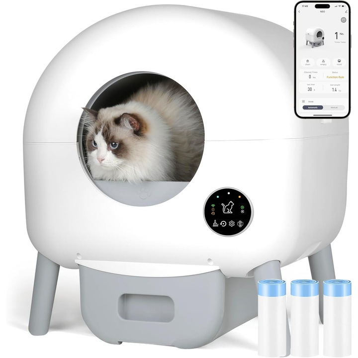 NextWave® Smart автоматична котешка тоалетна, самопочистваща се, мобилно приложение, автоматична UV стерилизация, сензори за околната среда, 76L+ 13L, 3 торбички на ролки, бяла