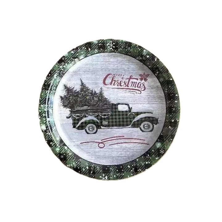 Комплект от 10 чинии за еднократна употреба, Cyrax, 23 см, Коледен модел на кола, Многоцветни