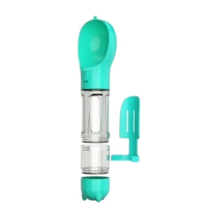 Dispenser portabil de mancare si apa pentru caini si pisici Nuxie, 5 in 1, 300 ml, saci igienici, spatula, turcuaz