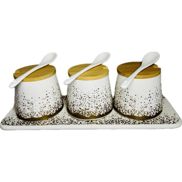 Set pentru condimente, trei recipiente cu capac din bambus, 3lingurite si platou