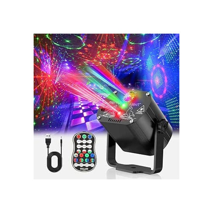 Disco fény projektor, piros fény, LED lámpa, mini, USB távirányító, lézeres színpadi fény, fekete