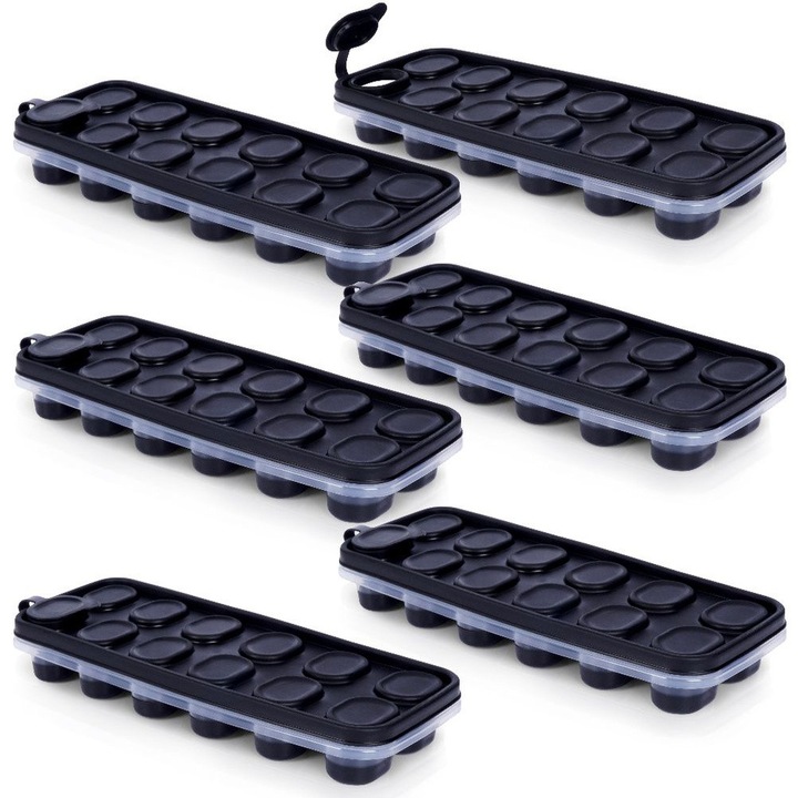 Jégkocka tálcák, Vilde, 6 db, 72 jégkockához, Mosogatógépben mosható, 25x10x3,5 cm, Műanyag, Fekete