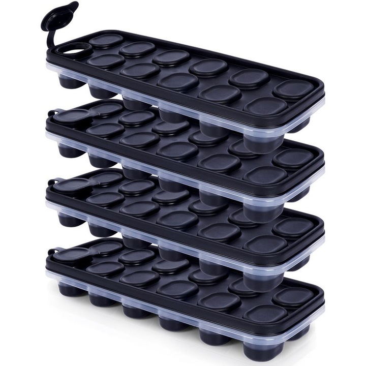 Jégkocka tálcák, Vilde, 4 db, 48 db jégkockához, Mosogatógépben mosható, 25x10x3,5 cm, műanyag, fekete