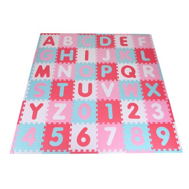 Covoras puzzle colorat, Knorr Toys, 110 piese, 180x180 cm, din spuma moale Eva, izolator si antiderapant, 0 Luni+, Cifre si Litere Pink Rosa