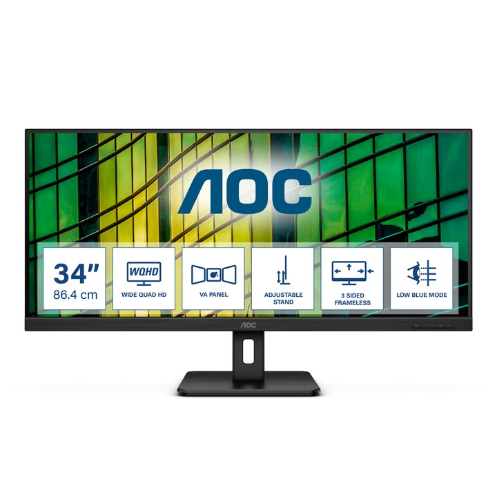 Монитор AOC U34E2M 34'', WLED VA Panel, Anti Glare, 3H, 21:9, 3440x1440, 100Hz, 4ms, 300cd/m2, 4000:1, 20M:1, 3- sided frameless, Adaptive Sync, Flicker-free, Low blue light, PIP, PBP, 2x HDMI, DisplayPort, Tilt, VESA 100, Black U34E2M