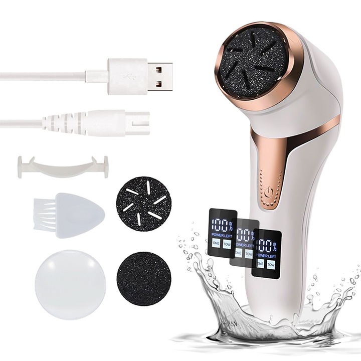 Dispozitiv electric pentru indepartarea calusurilor, Ulisem, 2 viteze, 3 capete de rola, alb, 16.5x7.6x5cm