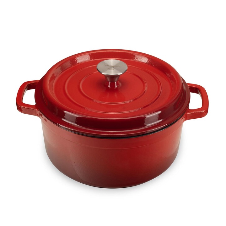 Oala fonta emailata, Capacitate 5 L, Diametru 26 cm, Adancime 12 cm, 6 kg, 250° C, Interior antiaderent, Capac din fonta, Rosu