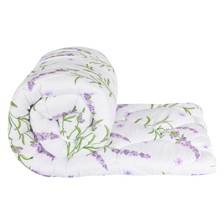 Set pilota matlasata 2 persoane 200x220 cm si 2 perne 50x70 cm Somnart Lavanda umplutura 250 g/mp puf siliconizat antialergic, invelis microfibra, nivel mediu de caldura