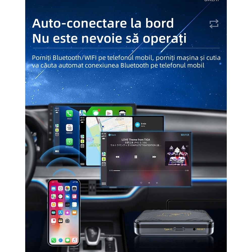 Adaptor Bluetooth auto, WIFI, Carplay Android Auto, 2 in 1, USB/Type-C ...