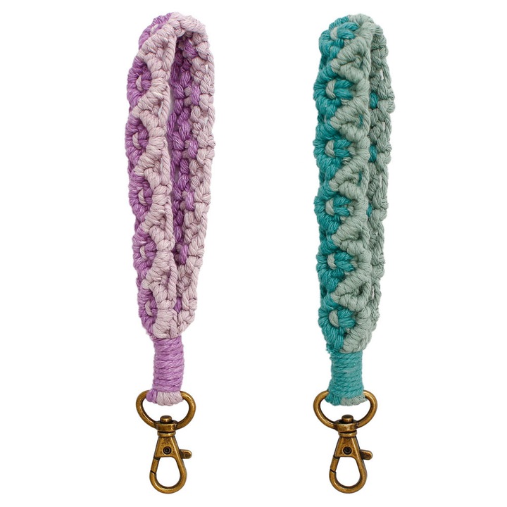 2 db fonott pamut kulcstartó szett, többszínű, gombos záródással, kulcstartó kiegészítők